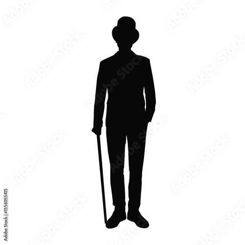Silhouette of a Man in a Hat Holding a Walking Cane