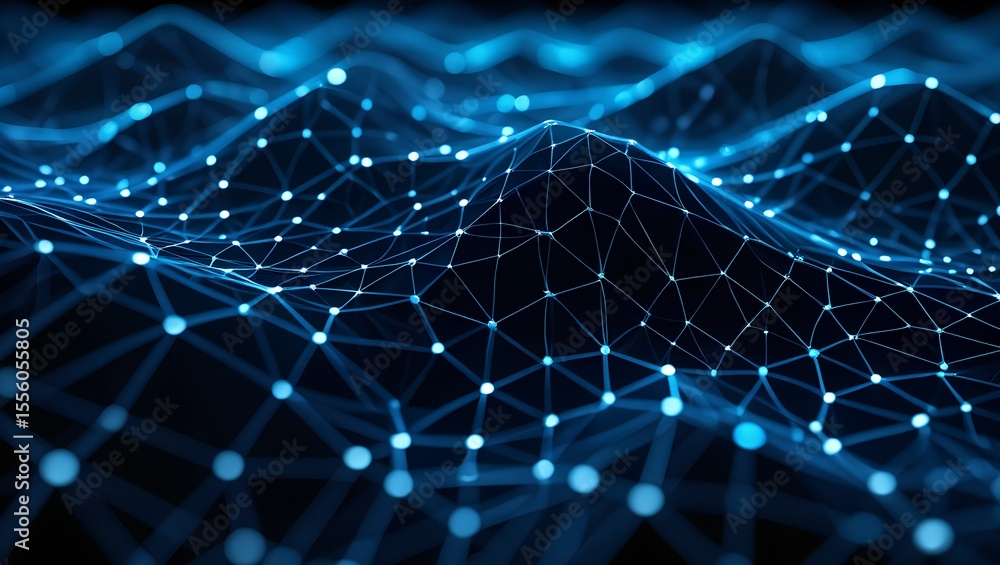 Obraz premium Glowing blue digital particles form an interconnected mesh pattern against a dark background 
