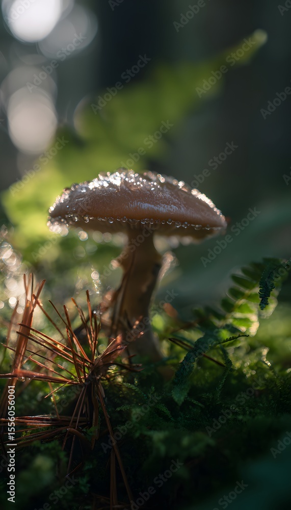 Fototapeta premium Macro shot of edible mushroom emerging from moist forest moss with dew drops and sunlight through ferns and pine needles