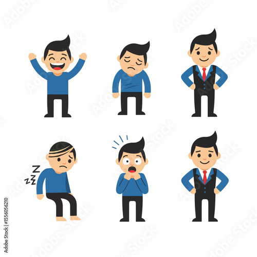 Cartoon Male Character Set with Different Poses and Emotional Expressions