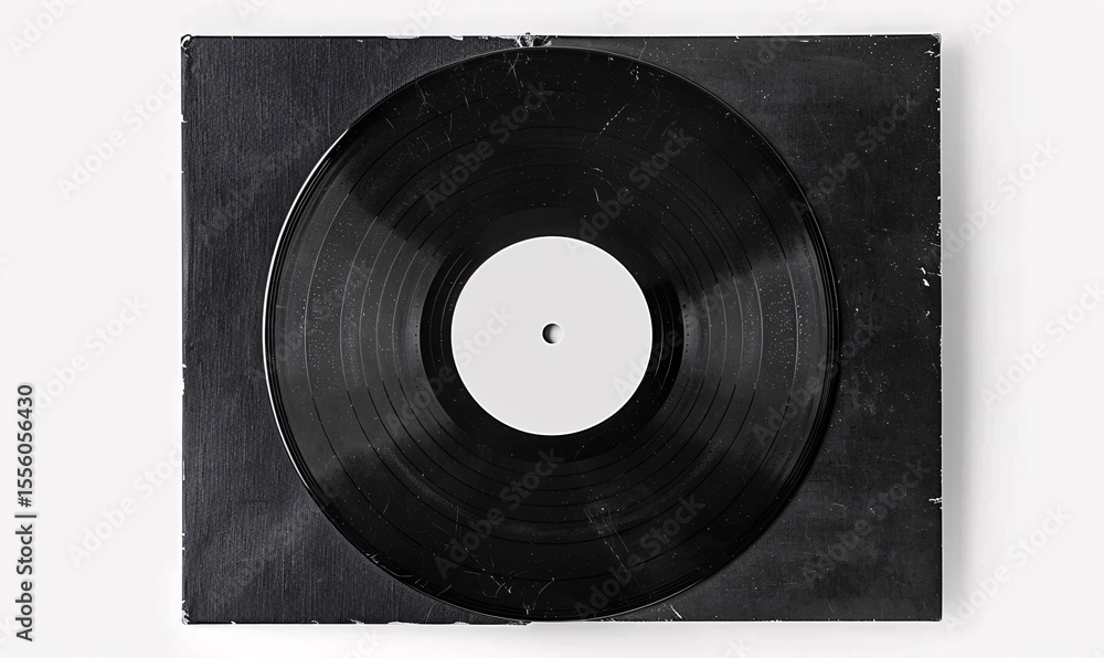 Obraz premium Vintage black vinyl record on a scratched case lying on a white surface.