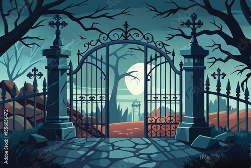 A dark and mysterious illustration of a cemetery entrance at night.
