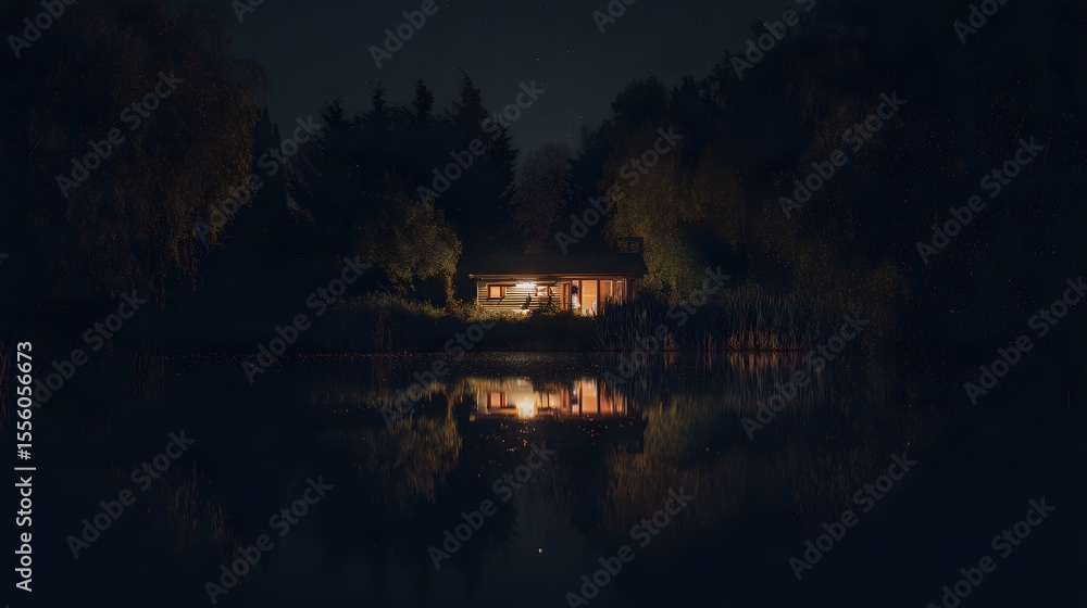 Obraz premium A solitary autonomous house glowing at night