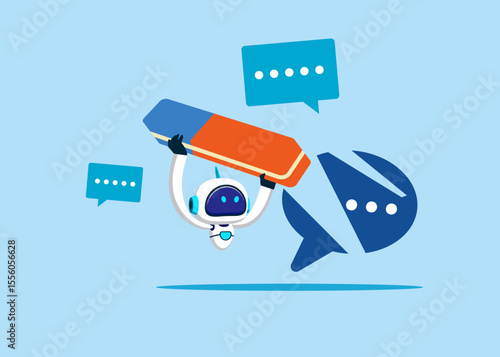 Robot removed speech bubble with eraser. Block unwanted messages, filter messages from unknown senders. Flat vector illustration