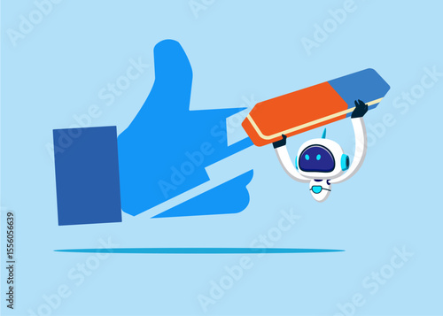Robot removed thumb up with eraser. Stress and failure. Modern vector illustration in flat style 