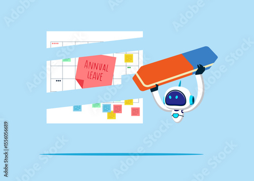Robot removed calendar with annual leave note with eraser. Modern vector illustration in flat style. 