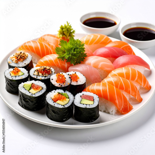 presented on a white plate is an assortment of prepared sushi, arranged with care. rows of pieces with varying toppings and colorful ingredients circle the perimeter of the plate