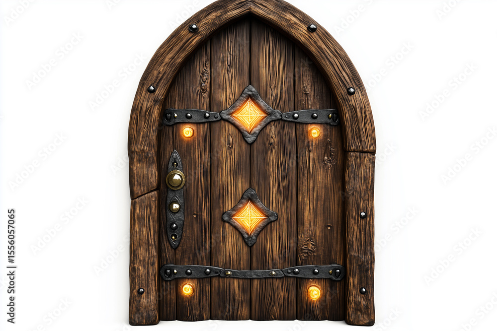 Fototapeta premium Antique wooden door isolated on white, showcasing its vintage charm and architectural detail as a rustic home entrance