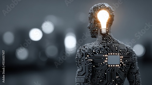 Futuristic Human with Light Bulb Head Symbolizing Innovation and Creativity