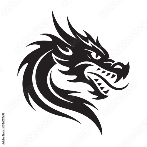 black and white tribal dragon head illustration with sharp horns, fierce expression, and bold linework suitable for tattoos and logos