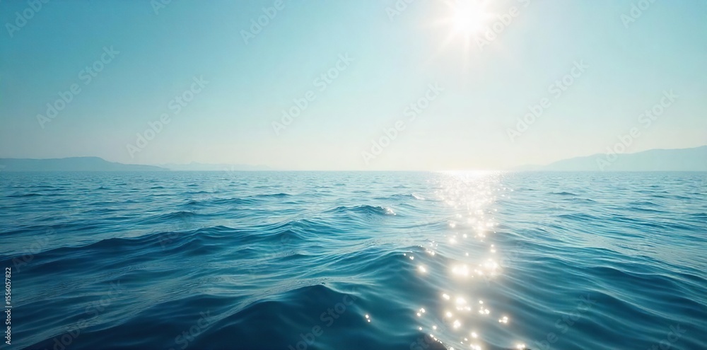 Fototapeta premium Serene Sunrise Ocean Calm Waters Meet Hazy Horizon, Peaceful Travel Photography