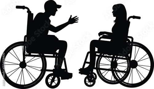Silhouette of man and woman in wheelchairs, communicating, support, disability awareness, inclusive conversation, accessible lifestyle, vector illustration