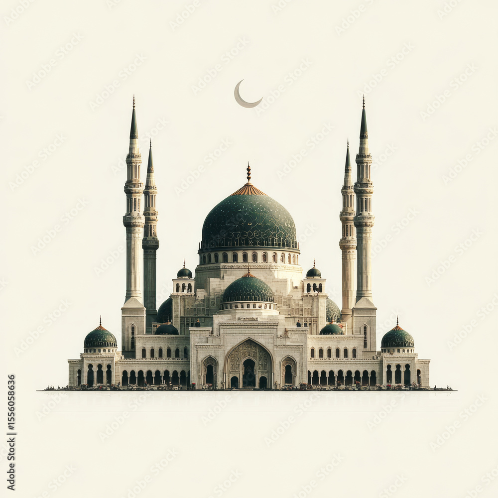 Fototapeta premium Stunning modern mosque featuring intricate architecture, tall minarets, and large dome, set against soft background with crescent moon. This captures essence of Islamic design and spirituality