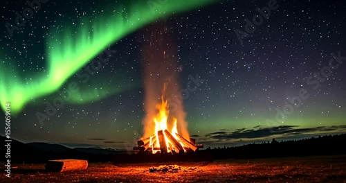 Majestic bonfire under a starry sky with vibrant northern lights illuminating the night