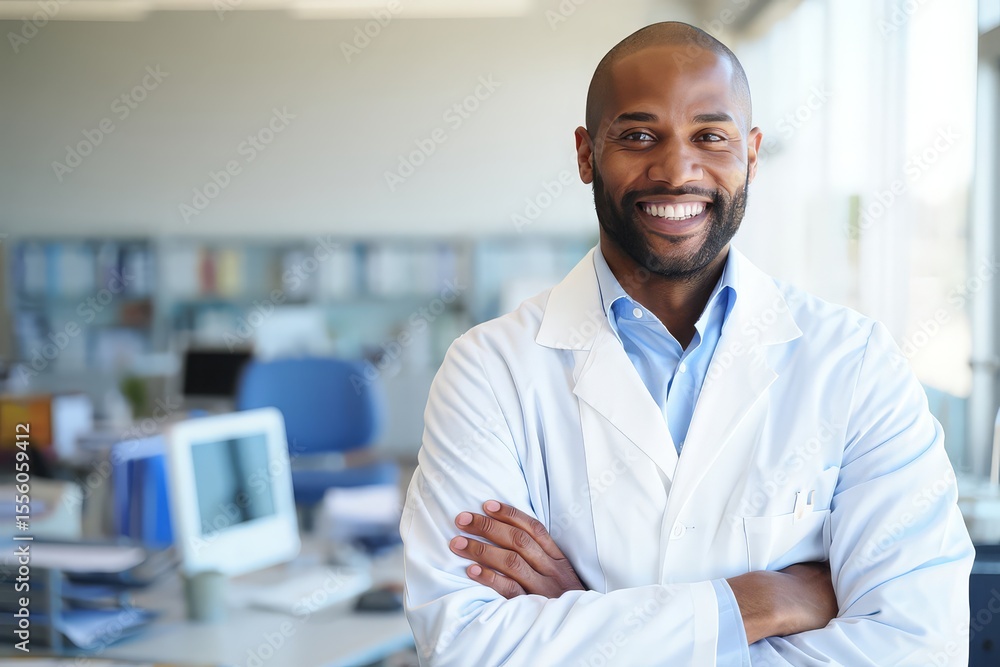 Smiling black male doctor in lab coat with arms crossed in office Smiling black male doctor in lab coat with arms crossed in office