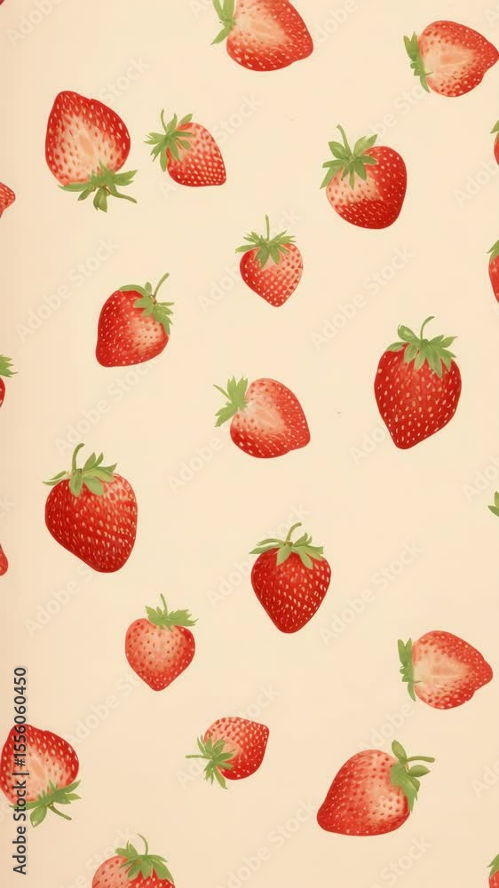 Top-down view of a playful strawberry pattern on a beige background, ideal for a whimsical video backdrop or fresh, fruity design projects. Live mobile wallpaper. Top-down view of a playful strawberry pattern on a beige background, ideal for a whimsical video backdrop or fresh, fruity design projects. Live mobile wallpaper.