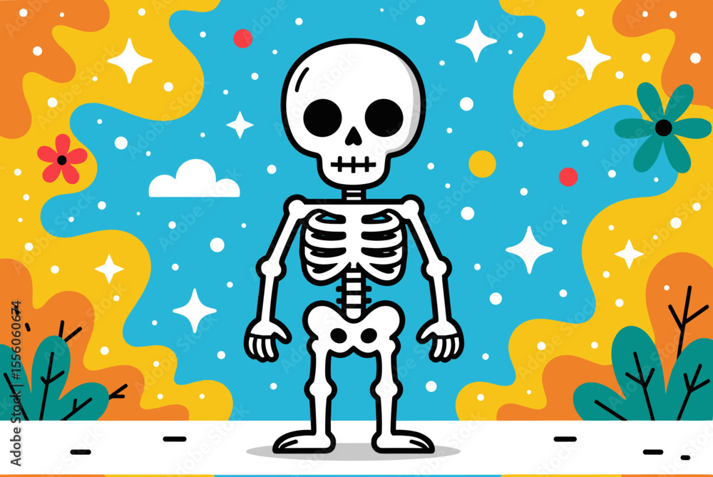 Naklejka premium Cartoon Skeleton Illustration with Colorful Floral Background, Perfect for Halloween or Day of the Dead