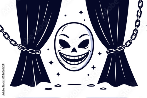 Mysterious Smiling Mask Behind Dark Curtains with Chains Illustration, Symbolizing Secrets and Intrigue