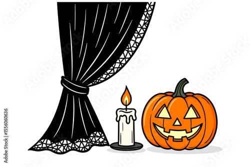 Halloween Still Life Illustration with Pumpkin, Candle, and Black Lace Curtain Decoration