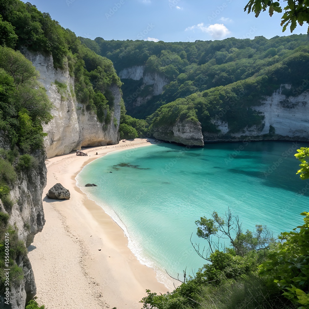 Fototapeta premium A serene beach scene with white sand and turquoise water. Cliffs covered in greenery surround the bay, creating a tranquil atmosphere.