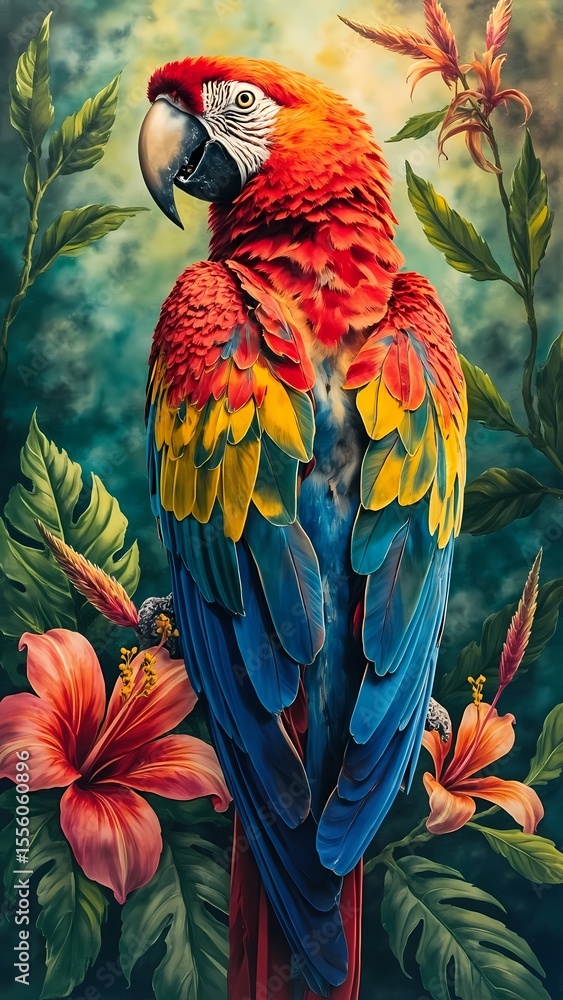 Obraz premium Colorful scarlet macaw perched among tropical flowers in vibrant rainforest setting