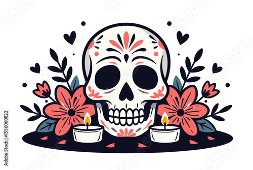 Day of the Dead Skull with Flowers and Candles Illustration for Dia de los Muertos Celebration