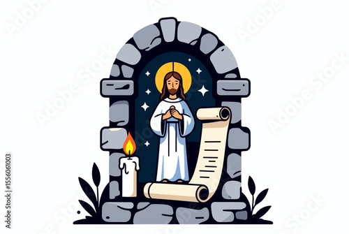 Illustration of Jesus Christ Standing in a Stone Archway with a Scroll and Candle, Representing Faith and Spirituality