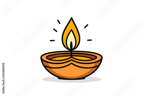 Illustration of a Lit Diwali Oil Lamp with Flame and Earthenware Bowl for Festive Celebrations