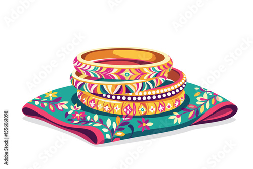Elegant Indian Bangles Stacked on Decorative Cushion, Traditional Jewelry Illustration
