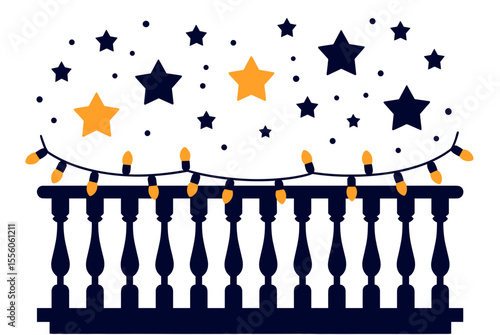 Festive Balcony Decorated with String Lights and Stars for Holiday Season Celebration Illustration