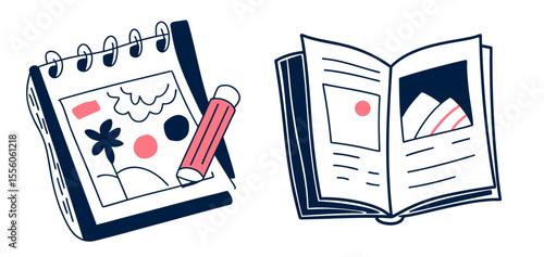 Set of drawing with colored pencils and sketchbook concept illustration  