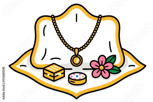 Elegant Jewelry Display with Necklace, Boxes and Flower, Vector Illustration for Fashion and Accessories