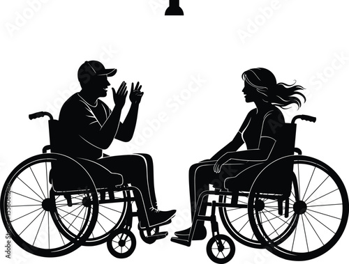 Disabled man and woman in wheelchairs, talking under light, inclusive communication, vector silhouette, disability awareness, support, equality, healthcare, accessibility