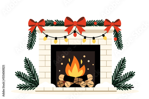 Festive Christmas Fireplace with Garland, Lights, and Bows Illustration for Holiday Season