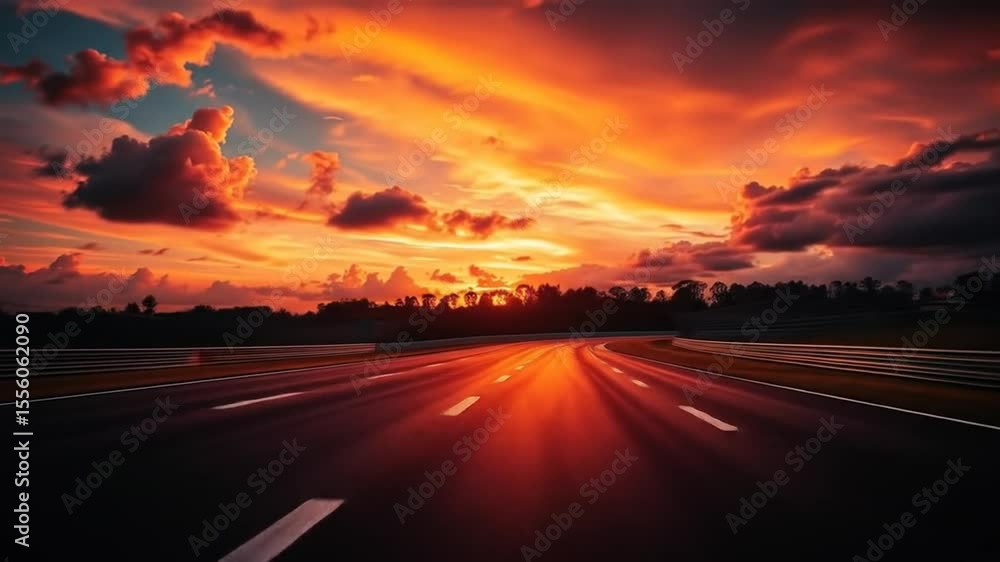 Race track with beautiful sunset. Asphalt road with dramatic sky and clouds in the background. Transportation, vehicle speed, travel concept. 4k video Race track with beautiful sunset. Asphalt road with dramatic sky and clouds in the background. Transportation, vehicle speed, travel concept. 4k video