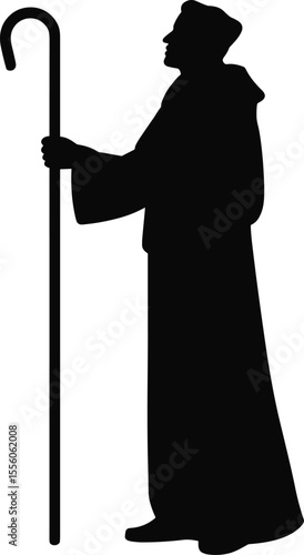 Silhouette of shepherd holding staff, standing religious figure, biblical character in robe, spiritual leader graphic, pastoral care concept art