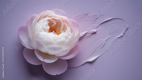 Fototapeta Naklejka Na Ścianę i Meble -  Delicate white peony with lavender paint stroke flower