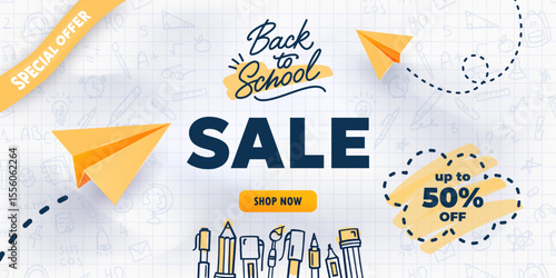 Back to school sale banner. Vector hand drawn promotion poster with realistic paper planes and doodle drawings of school supplies. White crumpled checkered notebook paper background. Web ad template