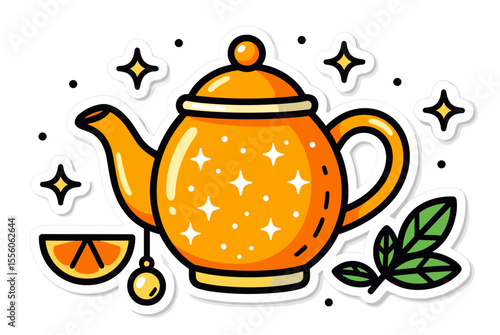 Bright Yellow Teapot with Sparkling Stars, Orange Slice, and Green Leaves Illustration