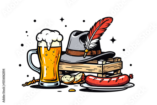 Oktoberfest Celebration Still Life with Beer Mug, Traditional Hat, and Sausage Illustration for Festive Events