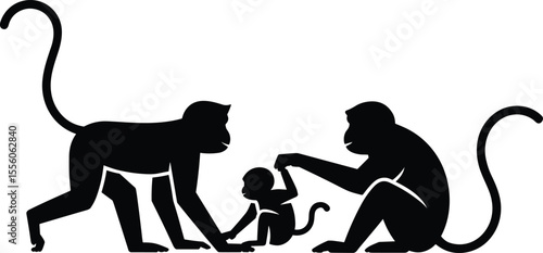 Silhouette of monkey family with baby, jungle animals, wildlife concept, parenting, animal love, tropical forest scene, cute primates