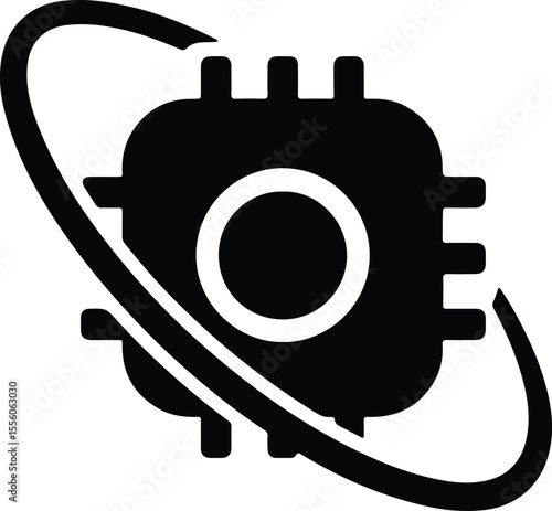 Silhouette quantum processor circuit board with orbital lines vector Illustrator