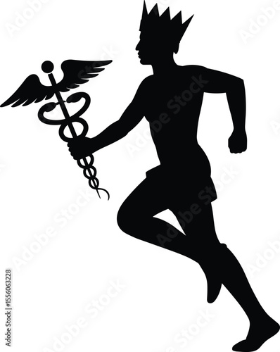 Hermes silhouette vector, Greek god running, caduceus symbol art, mythology figure icon, ancient messenger design, winged god illustration, mythology concept