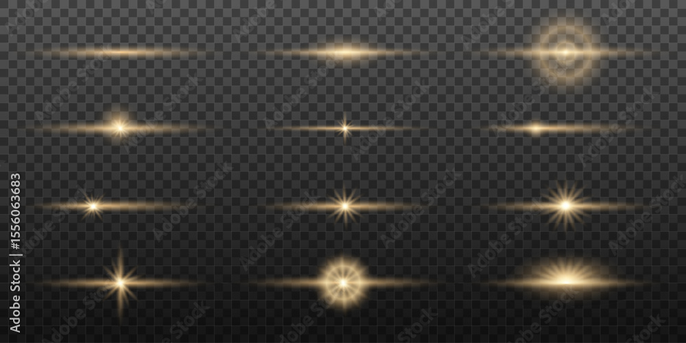 Naklejka premium Light effects. Light yellow star, soft sunny sparkle, dust, line, solar flare, spark and stars, spotlight, curve. Bright rays of light. Glowing lines. Vector illustration on transparent background