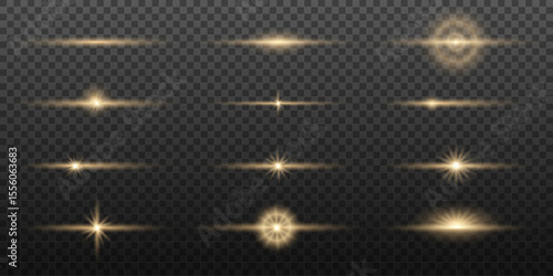 Light effects. Light yellow star, soft sunny sparkle, dust, line, solar flare, spark and stars, spotlight, curve. Bright rays of light. Glowing lines. Vector illustration on transparent background