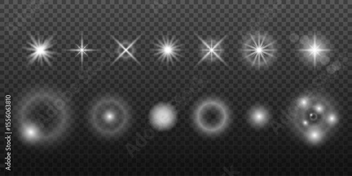 Light effects. Light white star, soft sunny sparkle, dust, line, solar flare, spark and stars, spotlight. Bright rays of light. Abstract golden lights. Vector illustration on transparent background