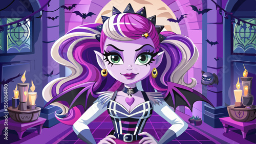 Set in a haunted hallway with flickering candelabras, a Monster High doll with two-tone hair and stitched arms strikes a fierce pose. Her outfit mixes punk, lace, and glitter, glowing subtly under the