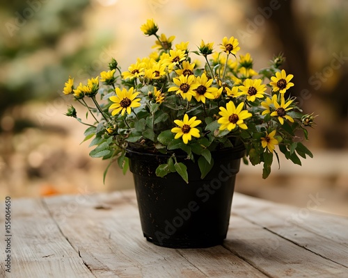 Wallpaper Mural Vibrant Yellow Flowers in Black Pot on Wooden Table Torontodigital.ca