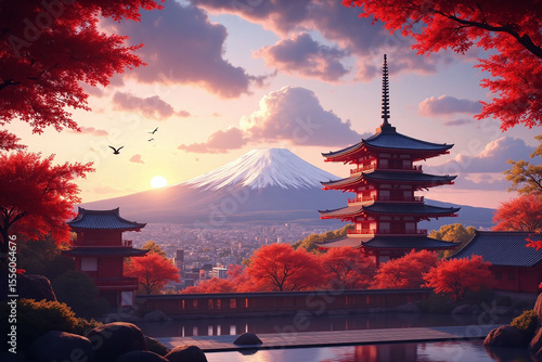 japanese landscape with a pagoda in the middle of it