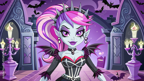 Set in a haunted hallway with flickering candelabras, a Monster High doll with two-tone hair and stitched arms strikes a fierce pose. Her outfit mixes punk, lace, and glitter, glowing subtly under the